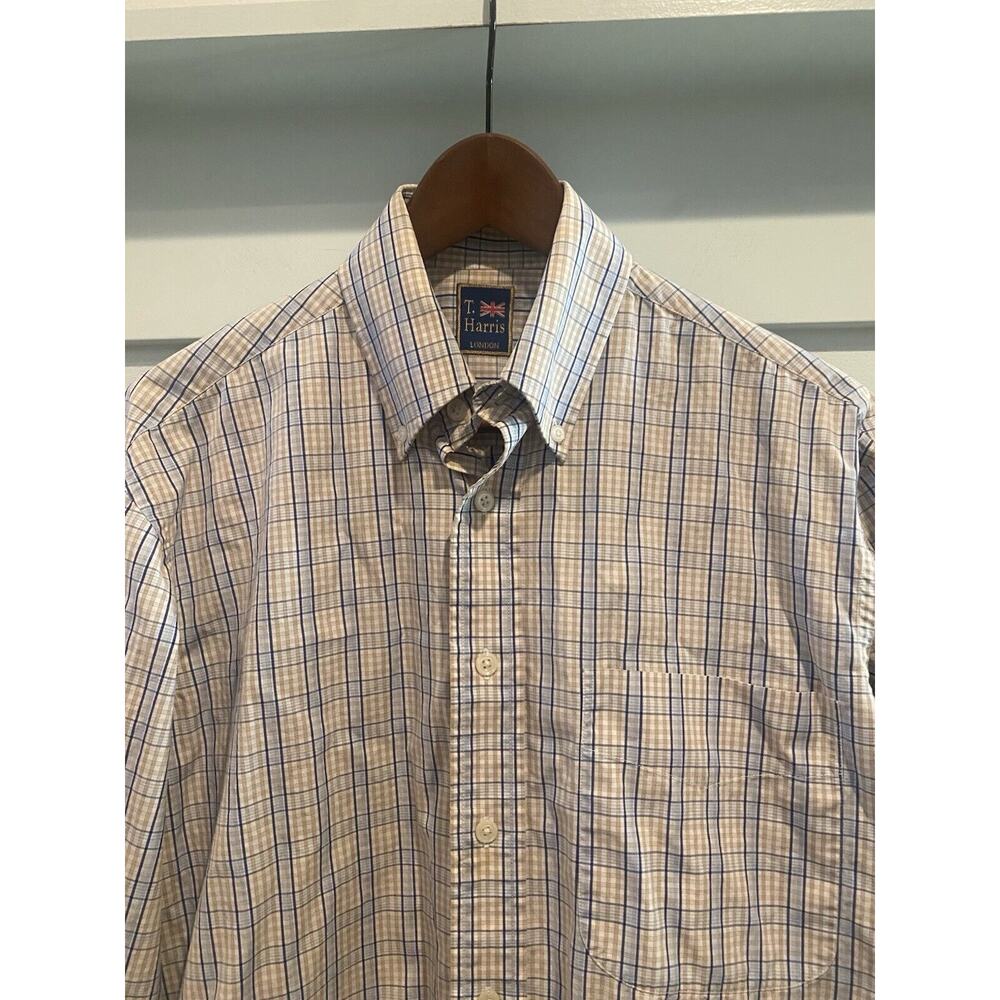 T. Harris London Shirt Men Large L Blue Tan Plaid Long Sleeve‎ Classic Career